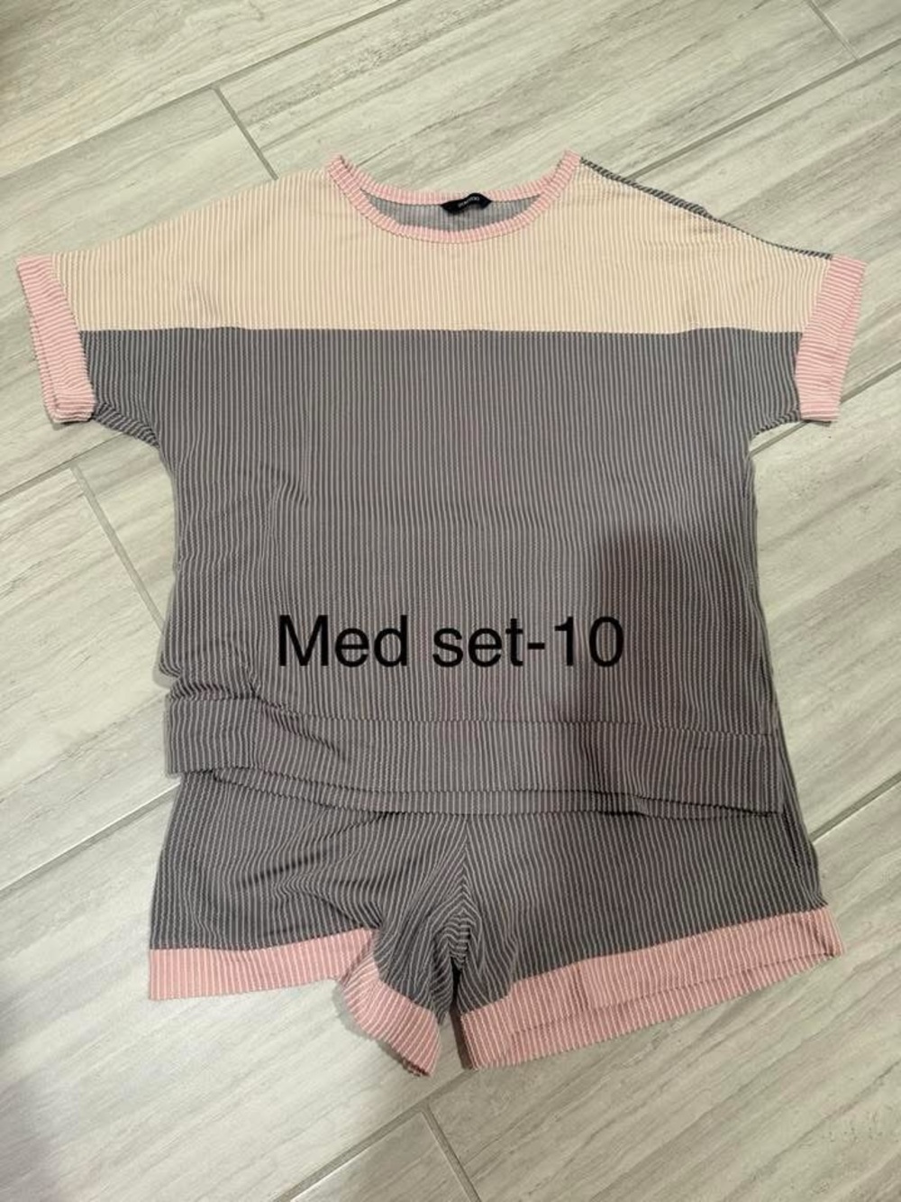 Striped Knit Two-Piece Lounge Set in Gray and Pink